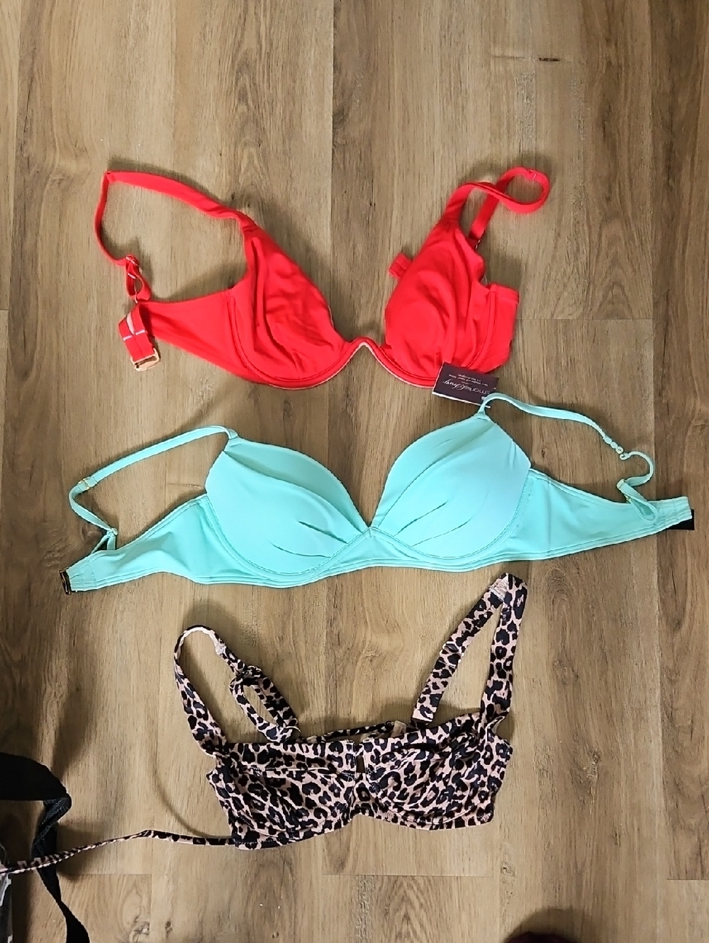 Set of Three Bikini Tops - Coral, Aqua & Leopard Fit 34 D
